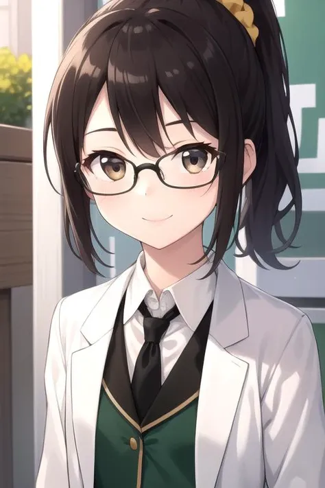 anime girl with glasses and a green tie standing in front of a building