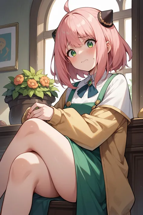 anime girl sitting on a table with a potted plant