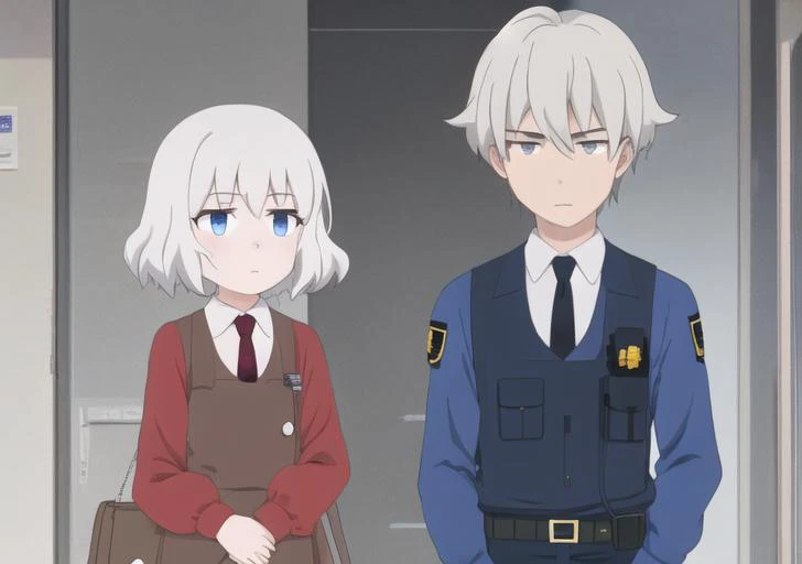 <lora:oddtaxi-08:1> 1girl, blue eyes, shirt, white hair, grey hair, multiple boys, necktie, collared shirt, 2boys, bag, uniform, blue shirt, black necktie, police, police uniform