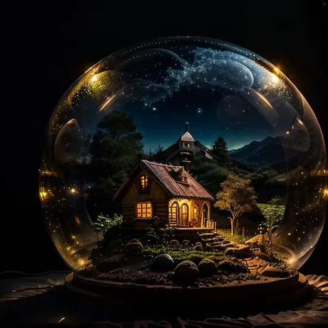 mini house, landscape, old fashion, nature, night light, a bubble, in the bubble, high detailed, masterpiece, best quality, <lora:Bubble_Sora:0.4>, (masterpiece,best quality:1.5)