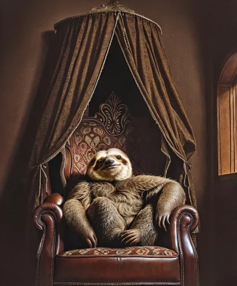 artistic photograph of sloth lying in an armchair, grotesque, (full body shot), (centered), high resolution, hyperdetailed, insane details, soft lighting, film grain, dada style