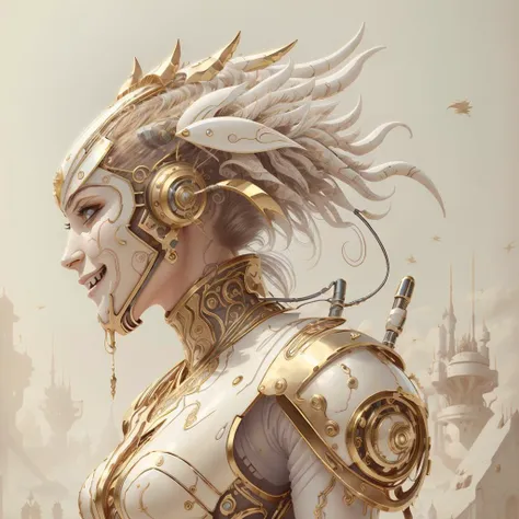 <lora:style_mechanimal:0.7>, <lora:style_ivorygold:1>, epic fantasy illustration, beautiful cyborg woman, ivory and gold, sexy, ...