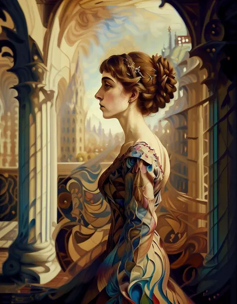 painting of 1 princess in profile, impressionist, border of pillars, gazing across cityscape, unsmiling, gothic gown,  artnouvea...