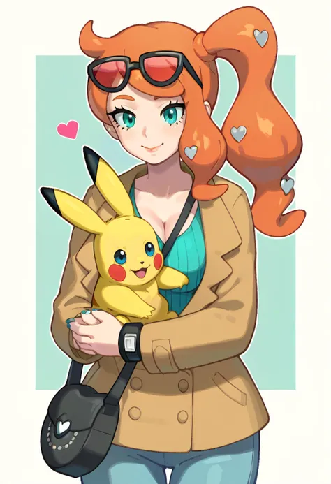 pokemon girl with red hair and sunglasses holding a stuffed animal