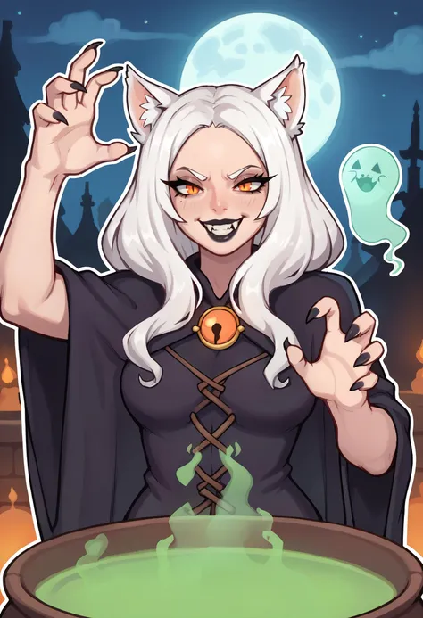 score_9, score_7_up break catgirl,fangs,ghosts,witch,outdoors,white hair,orange eyes,black lips,robes,cauldron,evil grin,full mo...