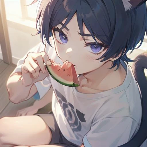 (masterpiece:1.2), (best quality:1.2), 1boy, male focus, solo, <lora:wanderer-08:0.8>, cat ears, cat tail, dark blue hair, purple eyes, detailed face, casual clothes, white t-shirt, <lora:lap_pillow_invitation-10:1>, lap pillow invitation, <lora:EatingWM:0...