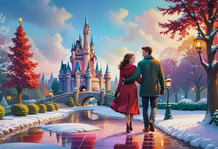 an illustration of a couple strolling through a park, accentuating Christmas color hues, large canvas, atmosphere bathed in enchanting romantic light, reminiscent of colorful dreams, wet reflective stone walkway, Disney castle in distance, Christmas decora...