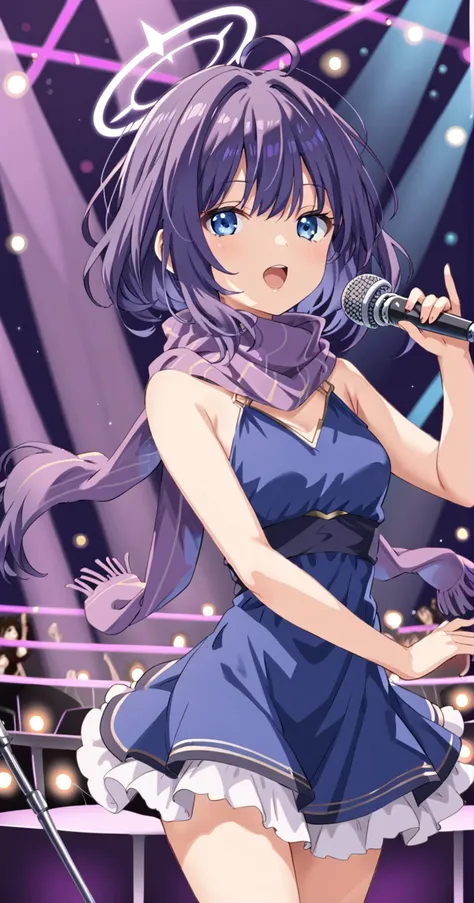 1girl, dress, singing, dancing, microphone, halo, arena, 
 <lora:xier:1> long_hair,bangs,purple_scarf,blue_eyes,hair_between_eyes,ahoge,purple_hair,scarf,blue_hair,bare shoulder,