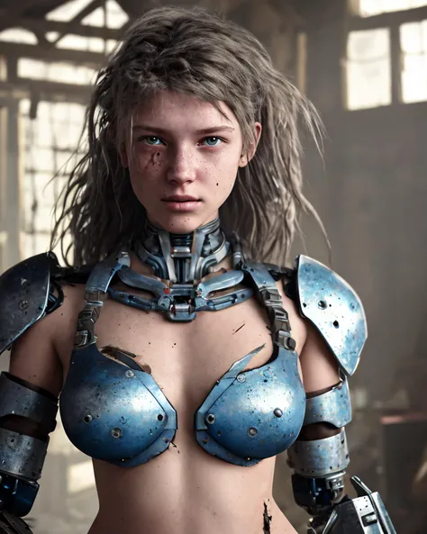 full body 8k unity render,sexy female teen cyborg, nipples, Blue yonder hair, wearing broken battle armor, at cluttered and messy shack , action shot, tattered torn shirt,  skin pores, detailed intricate iris, (((detailed facial features))), very dark ligh...