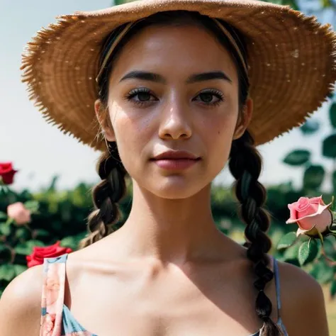 <lora:caomao:0.8>1girl, solo, hat, braid, twin braids, flower, blurry background, black hair, straw hat, blurry, collarbone, upper body, looking at viewer, rose, floral print, mole, long hair, outdoors, lips, day, hair over shoulder, dress, realistic, clos...