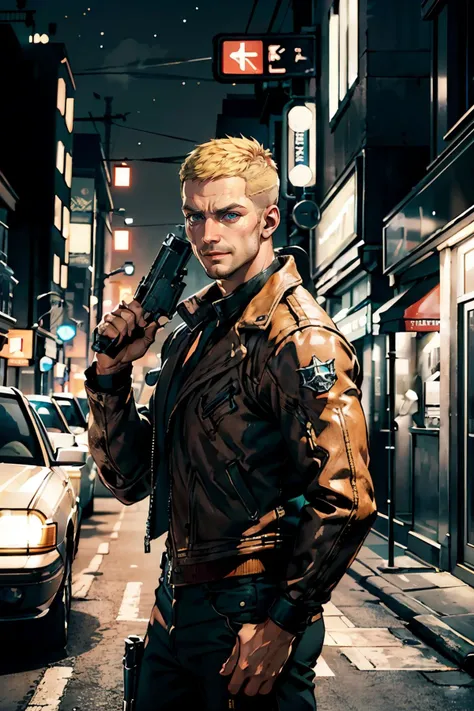 WolfensteinBlazkowicz, blonde hair, blue eyes, muscular,leather jacket, looking at viewer, serious, smiling, standing, arm raised, holding a gun, pistol, outside, city, street, night,  extreme detail, masterpiece, <lora:WolfensteinBlazkowicz:.7>