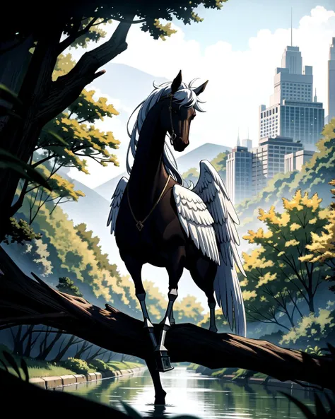 ((masterpiece), best quality, high quality, professional quality, highly detailed, highres, perfect lighting, natural lighting), pegasus, perching, through river