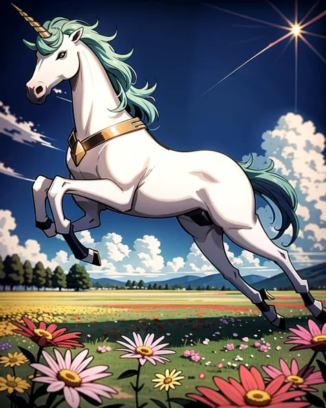 ((masterpiece), best quality, high quality, professional quality, highly detailed, highres, perfect lighting, natural lighting), unicorn, flying, field of flowers