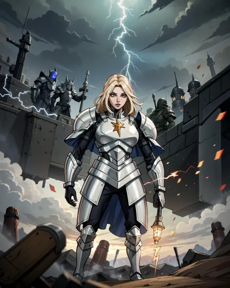 a woman in armor standing in front of a city