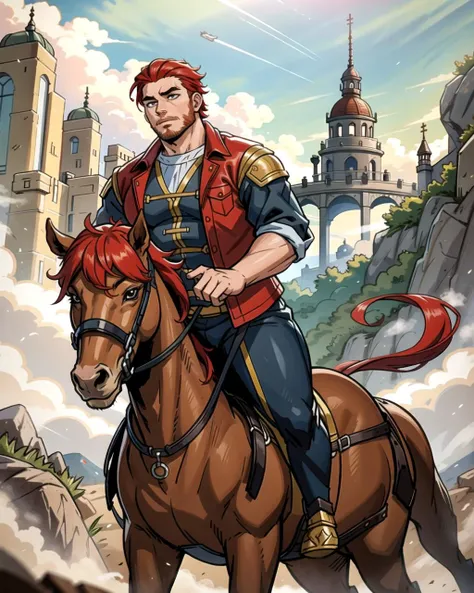 ((masterpiece), best quality, high quality, professional quality, highly detailed, highres, perfect lighting, natural lighting), (1boy, overweight, handsome, no facial hair, short hair, red hair), wearing fantasy clothing, riding a horse, on a battlefield