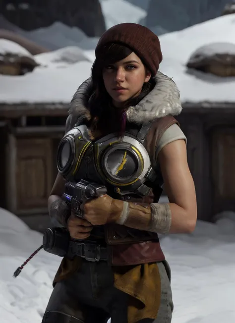 a woman in a hat and jacket holding a gun in a snowy area