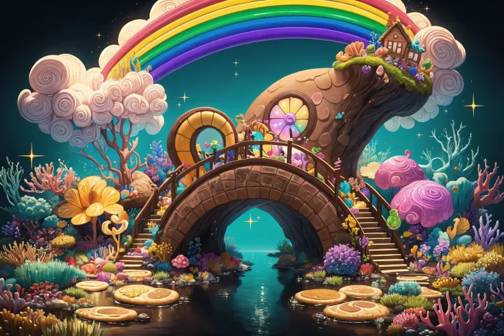 (Masterpiece, best quality:1.3), highly detailed, fantasy, <lora:Candyland-10:0.75>, 8k, candyland, dynamic, cinematic, ultra-detailed, full background, fantasy, illustration, drip, sparkle, pancake:1.3), (ocean), underwater, grass, syrup, glitter, scenery...