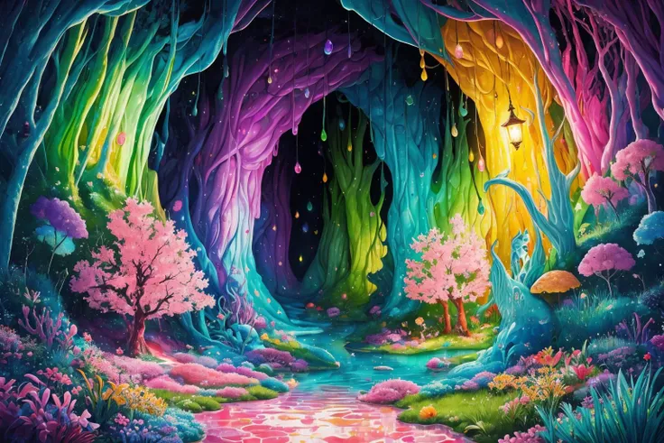 (Masterpiece, best quality:1.3), highly detailed, fantasy, <lora:Candyland-10:0.75>, 8k, (2d), (traditional media:1.2), sharp focus, 80mm, candyland, dynamic, cinematic, ultra-detailed, full background, fantasy, illustration, drip, sparkle, pancake:1.3), (...