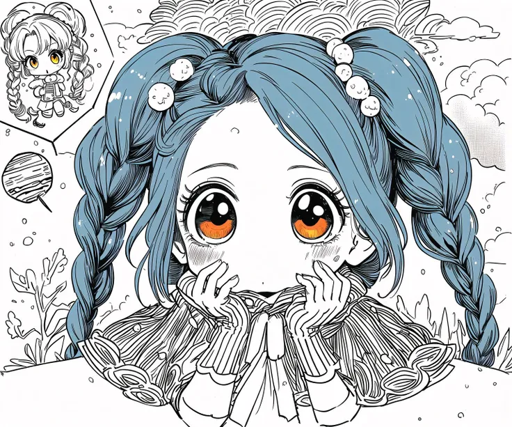 a drawing of a girl with blue hair and orange eyes