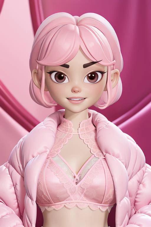 masterpiece, masterpiece, best quality, 3D render, blender  (masterpiece, top quality, best quality, (1girl, pink hair, pink eyeshadows, pink lips, upper body:1),  ((wear pink lace bra:1, out a an pink oversize fur lace down jacket, )),