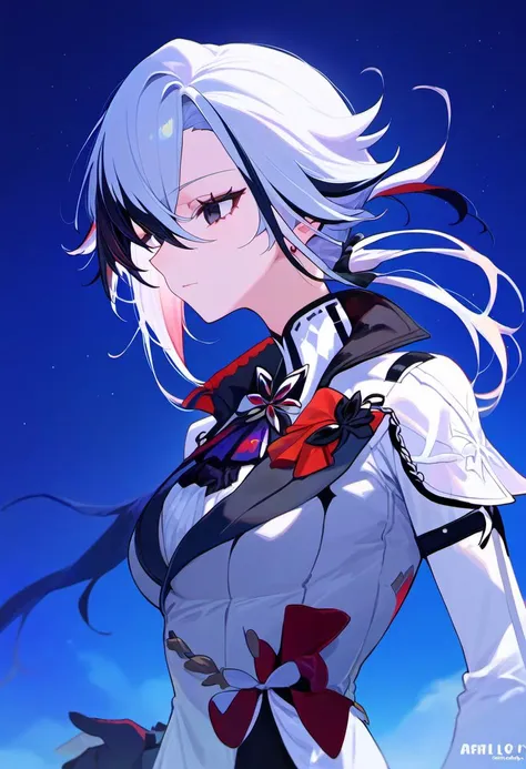 a woman with white hair and a red bow is standing in front of a blue sky