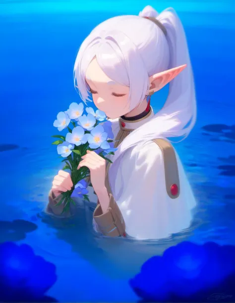 anime girl with white hair and white hair holding flowers in water