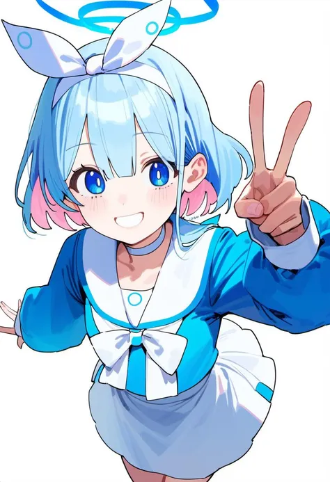 anime girl with angel wings and blue eyes giving a thumbs up