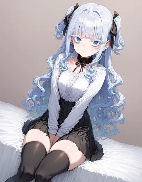 anime girl with blue hair sitting on a bed