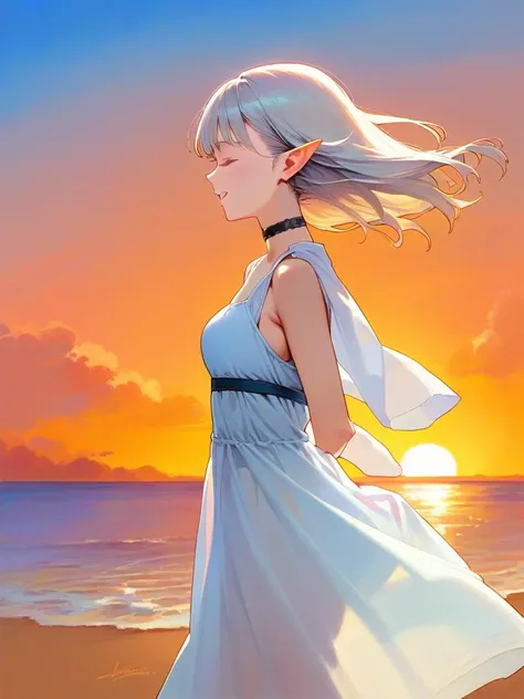 score_9, score_8_up, elf, 1girl, sheer summer dress, standing on beach, holding skirt, silhouette, happy, :D, upper body, close up, portrait, solo, silver hair, choker, sunset, horizon, beach, wind, wind lift, detailed face