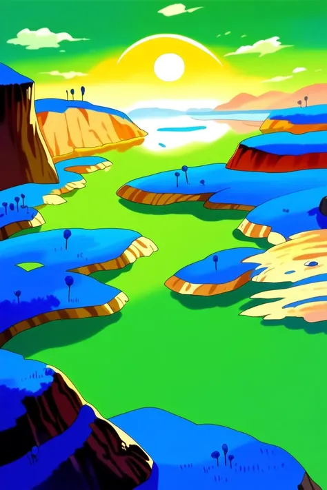 a cartoon of a landscape with a river and mountains