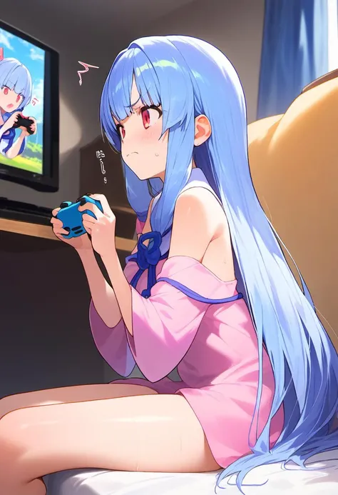 anime girl sitting on a bed playing a video game