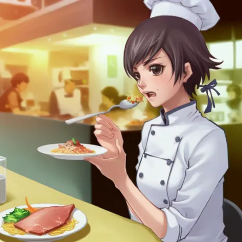 anime girl in chef uniform eating food at a table