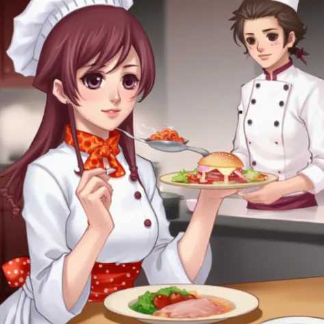 anime image of a woman holding a plate of food with a man in the background