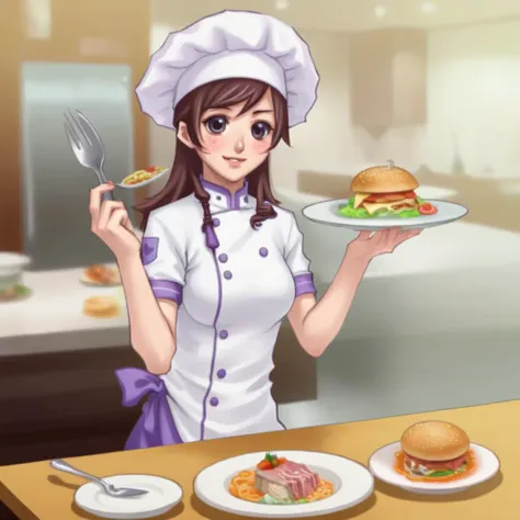 anime girl in chef uniform holding a plate of food and a fork