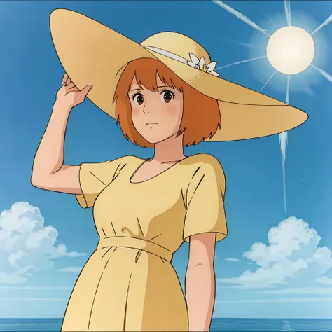 a woman in a yellow dress and hat standing on a beach