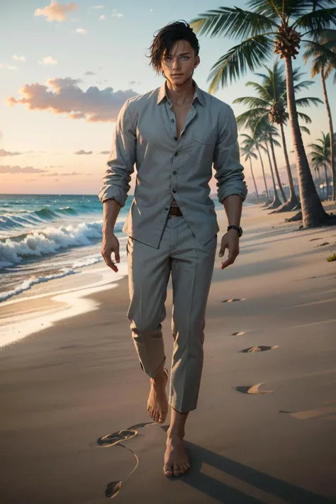 ((ultra detailed, masterpiece, best quality))
 <lora:CyberSandayuOda:0.8>
CyberSandayuOda, 1boy, solo, black hair, blue eyes, handsome, muscular, On a sandy beach with a sophisticated twist, linen suit with an unbuttoned shirt, ocean waves and palm trees, ...