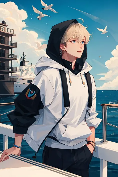 ((masterpiece:1.2, best quality)), 4k, 1boy, adult, male focus, aged up, casual clothes, oversized hood, (bright sky:1.2), (luxury yacht:1.3), (on a yacht), ocean background, birds