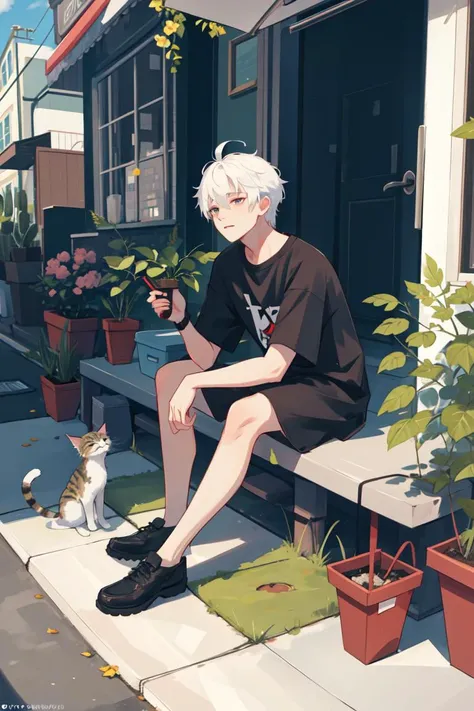 ((masterpiece:1.2, best quality)), 4k, 1boy, adult, male focus, aged up, white hair, background is back alley, detasiled sunlight, sitting, Little cats are gathered next to him, dappled sunlight, day, depth of field, plants, summer