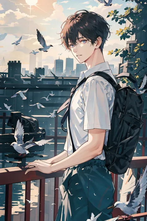 anime boy with backpack and pigeons on a bridge