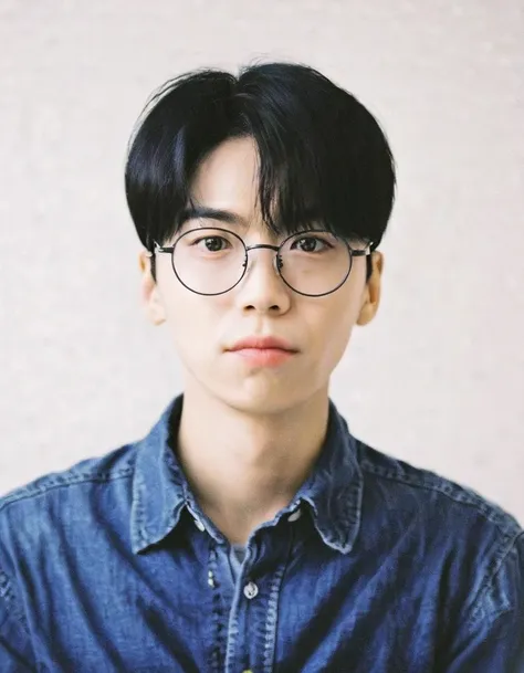 a close up of a person wearing glasses and a denim shirt