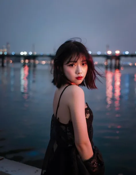 teen girl,portrait,Harbor at dawn background out of focus, Cami and panty set,dark hair,bangs,red lipstick,makeup,young girl,looking at camera,moody lighting,warm color tone,elegant,fashion photography,vibrant color,soft focus,stylized,  <lora:badquality_v...