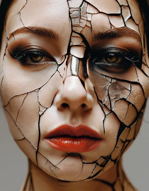 a close up of a woman with a cracked face and red lipstick