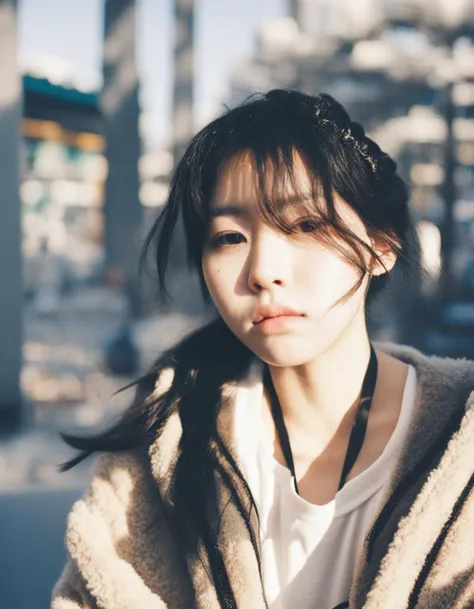 a close up of a woman with a jacket on looking at the camera