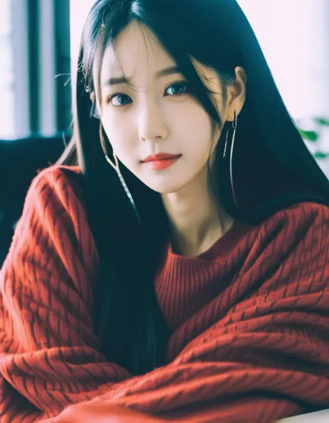 an woman, clean skin,wearing a red sweater, soft hair, black long  hair, looking at the camera, in office, ulzzang,naver fanpop,ffffound,streaming on twitch,character album cover,