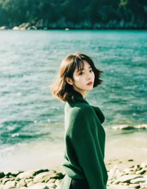 a woman standing on a beach next to a body of water