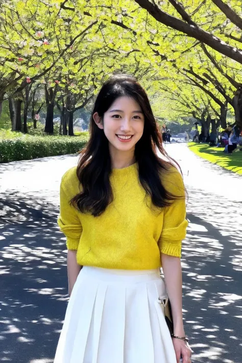 a woman in a yellow sweater and white skirt standing in a park