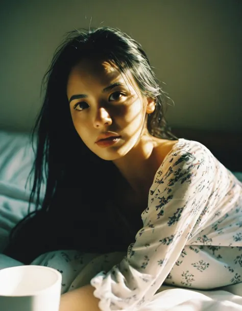 arafed woman laying on a bed with a cup of coffee