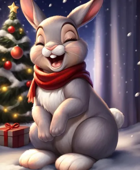 ((thumper (disney) singing christmas carols)), wearing elegant red scarf, closed eyes, grey fur, ((small feral bunny body):1.4), (young:1.3), fluffy cheeks, [1 bucktooth], slightly mouth, fluffy chest, full-body portrait, (singing:1.4), male (feet,paws), (...