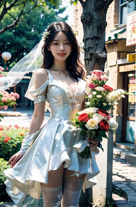 araffe woman in a white dress and veil holding a bouquet