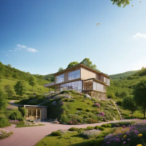 a rendering of a house on a hill with a walkway